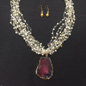 custom geo garnet & pearl wired crochet necklace